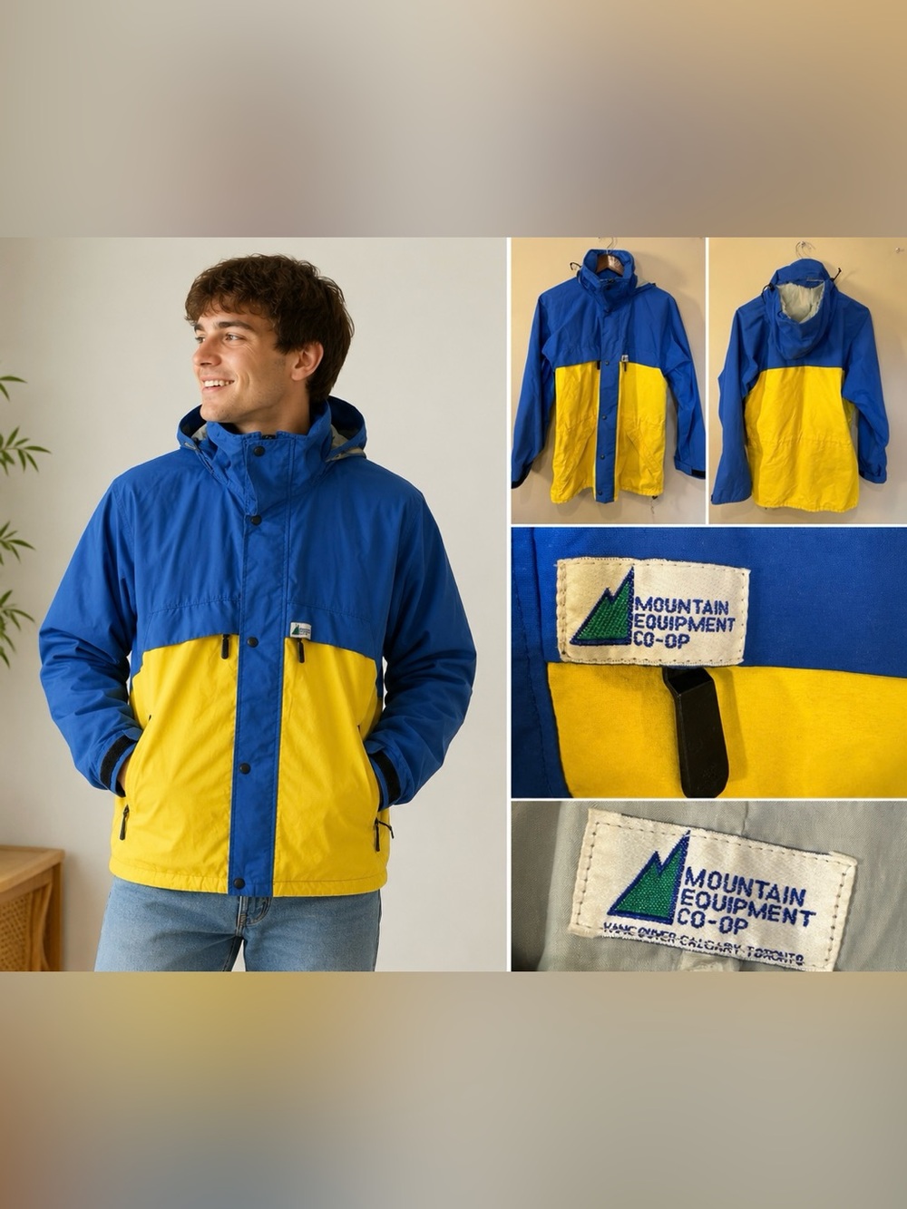 Vintage MEC Color Block Rain Jacket Blue Yellow Hooded Coat - Picture 2 of 9